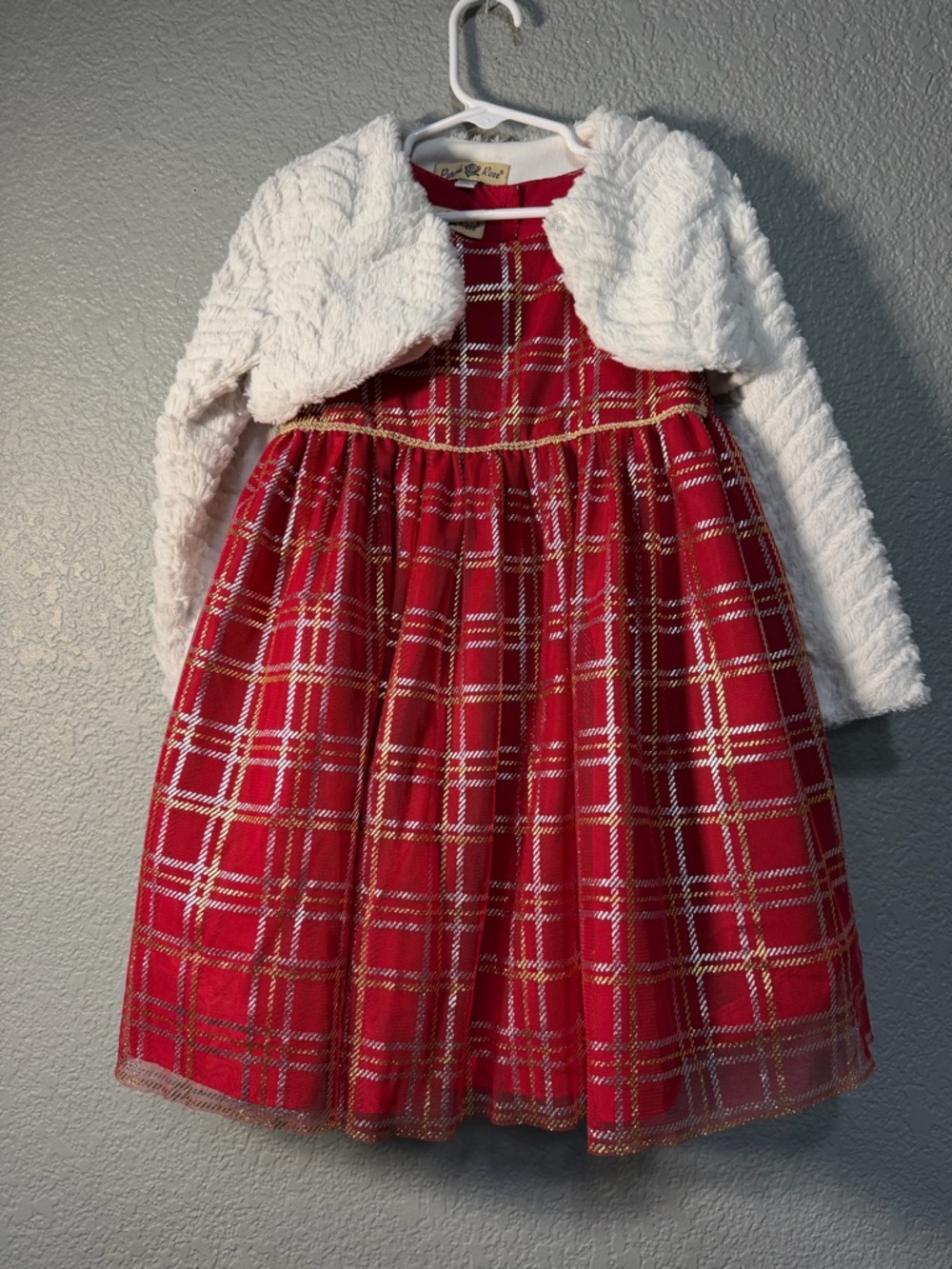 Girls Red Plaid Holiday Dress with White Bolero